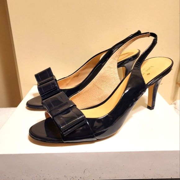 kate spade Shoes - Kate Spade Gracie Black Patent Leather Sling Back Peep Toe Bow Front Pumps Sz 10